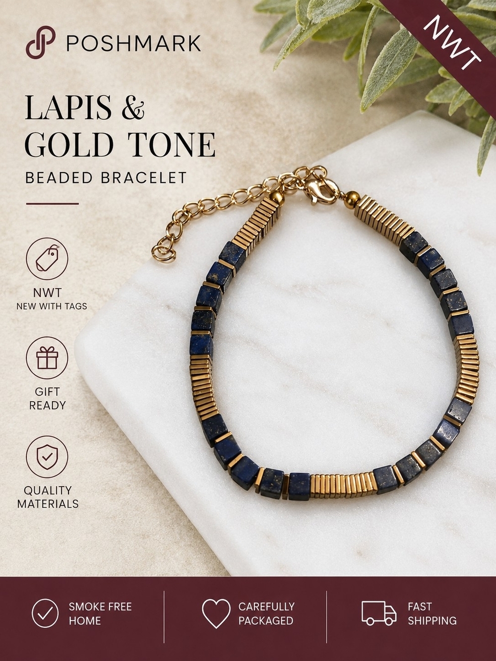 Lapis & Gold Tone Beaded Bracelet - Elegant Blue and Gold